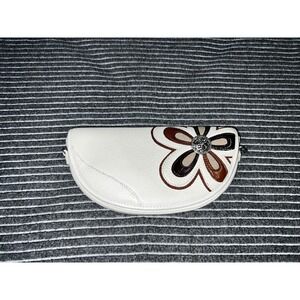 Brighton White Leather Floral Applique Half Moon Crossbody Bag Silver Chain